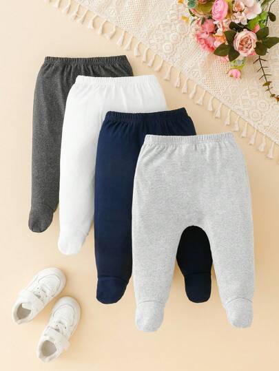 SHEIN Playful Pals 4pcs/Set Baby Boy Solid Color Simple Jumpsuit Pants, Multi-Color, Suitable For Sports, Home & Casual Wear, Spring/Autumn Chic Outfits For Autumn/Winter