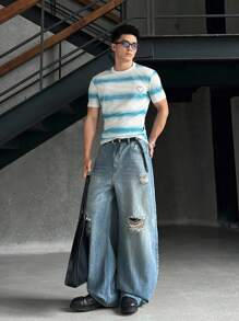 ESTAVOR Men's Casual Woven Loose Distressed Denim Jeans, Emo Style - Medium Wash - View 5