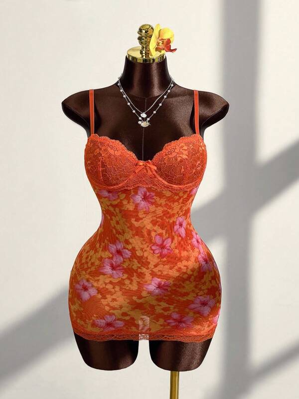 Amplova Plus Size Women Lace Trim Tropical Floral Mesh Bodycon Mini Dress
