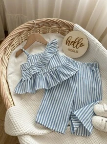 Conjunto De Top Y Pantalón De Peplum Con Cuello Asimétrico De Volante A Rayas Para Bebé Niña