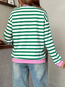 SHEIN Fall Clothes,Autumn Clothes,Maternity Autumn Clothes ,Green Striped Contrast Pink Oversized Casual Long Sleeve Sweatshirt For Pregnant Striped Long Sleeve Top Women Long Sleeve Top Green And White Striped Top Pink And White Striped Top Maternity Striped Top Striped Maternity Top Women Long Sleeve Top Pink And Green Striped Top - Green - View 9
