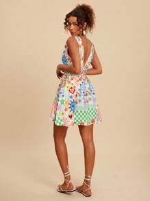 Travachic Gewebtes bedrucktes Minikleid mit V-Ausschnitt und ärmellos für Frauen, gewebter grafischer Muster, lässige Sommerurlaubs-Outfits für Frauen, Boho-Strandurlaubs-Outfits, Boho-Chic, Country-Konzert-Outfit, Urlaubsfestival-Outfits, Strandoutfits für Frauen, Old-Money-Stil für Frauen, Sommersonnenkleid, Sommerkleider für Frauen, Abschlussoutfit, Old-Money-Stil für Frauen, Sommersonnenkleid, Schleifenträger an den Schultern