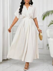 SHEIN Lady Women's Short Sleeve Casual Dress For Vacation Summer Dresses White Maxi Dress Women Elegant White Dress White Pleated Maxi Dress White Collared Maxi Dress Vacation Outfits Women Boho/Bohemia/Boho Women Clothing African Woman Clothing Country Outfits Women Teacher Outfits For Women Business Casual