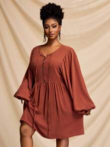 Slaydiva Casual, Versatile, Loose Fit, Vacation, Cruise Travel, Beach Wear Women Plus Size Front Button Tie Sleeve A-Line Dress - Brown - View 8