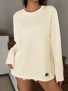 SHEIN EZwear Women's Knitted Fabric Apricot Letter Patched Casual Long Sleeve Crop T-Shirt With Round Neck Comfy Tops Long T Shirt For Women Underscrub Long Sleeve - Apricot - View 3