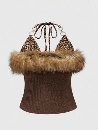 J-Fashion Top camisola de talla grande con tirantes de espagueti, sexy, con estampado retro patchwork y peludo, estilo Y2K