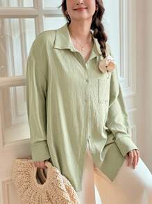 SHEIN LUNE Plus Size Casual Solid Color Backless Shirt School Clothes Back Butterfly Strap Office Outfits For Women Green Shirt
