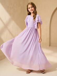 SHEIN Váy voan xếp nếp bồng bềnh cho bé gái, váy trang trọng cho phù dâu/phù dâu trong đám cưới, tiệc tùng, sinh nhật, biểu diễn - Màu tím hoa cà - Xem 7