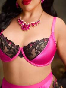 Bộ đồ lót 5 món thêu lưới màu khối cho nữ cỡ lớn và quần lót, có gọng - Màu Hồng Tươi - Xem 3