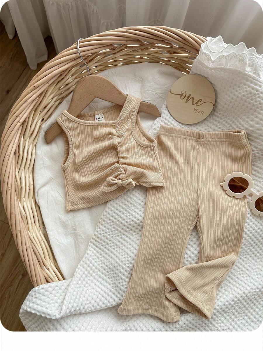 Baby Ruched Bow Front Tank Top & Flare Leg Trousers - Beige - View 1