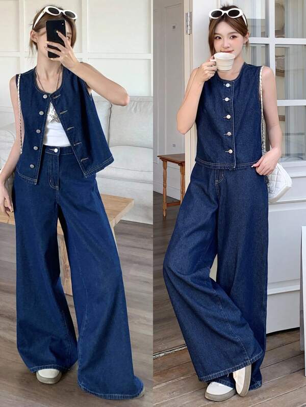 SHEIN Conjunto de 2 piezas de chaleco vaquero sin mangas y pantalones para chicas adolescentes, un conjunto vaquero minimalista y de moda adecuado para el verano, minimalista y elegante para el uso diario