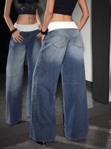 SHEIN PETITE Women's Contrast Waistband Pocket Wide Leg Loose Casual Jeans - Blue - View 2