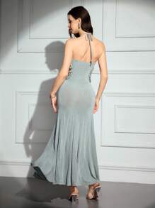 Modelyn Women's Elegant Solid Color Backless Halter Long Dress, Summer