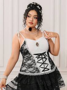 ROMWE EDITION Plus Size Women Contrast Lace Tie Waist Bodycon Camisole Top - Black and White - View 4