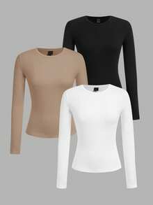 SHEIN EZwear 3 件套大码女式黑色、卡其色、白色圆领长袖修身长款 T 恤套装，休闲，适合秋冬季 - 彩色 - 查看 14