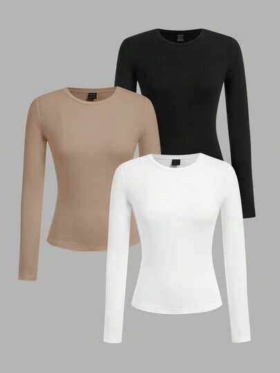 SHEIN EZwear 3pc Women's Set Black, White & Khaki Solid Color Round Neck Slim Fit Long Sleeve T-Shirt Set, Suitable For Autumn/Winter