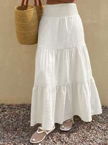 DAZY Women's Summer Vacation Solid Color Textured Ruffle Hem A-Line Skirt Boho - White - View 4