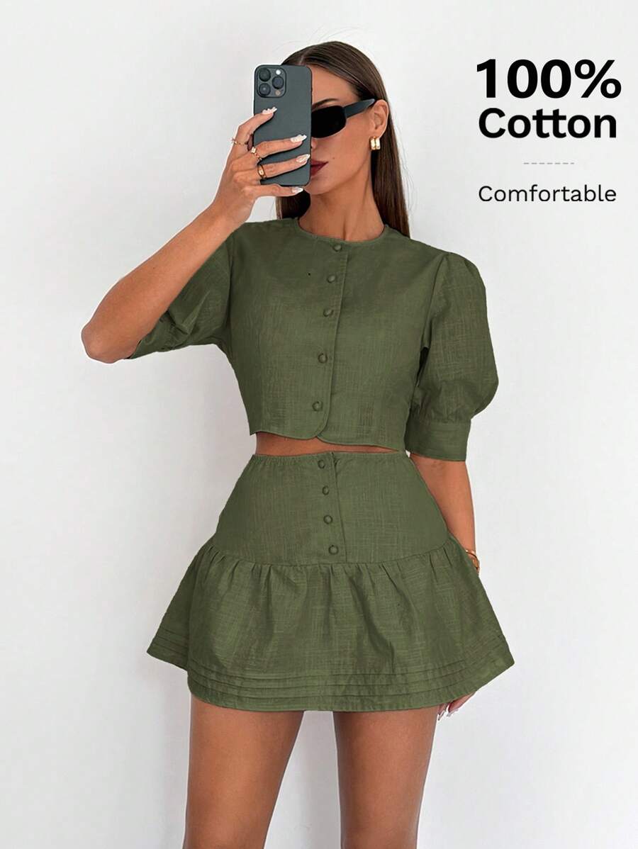 Siren Gaze Bộ áo tay bồng cài nút phía trước và chân váy mini 100% cotton cho nữ mùa hè - xanh quân đội - Xem 1