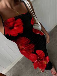 SHEIN EZwear Robe mi-longue avec imprimé floral de hibiscus rouge et froissée, convient pour les vacances, les festivals de musique, la plage, l'été, la fille de Miami - Multicolore - Voir 5