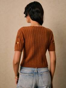 Poéselle Elegant Floral Embroidered Button-Up Short Sleeve Knit Top - Brown - View 7