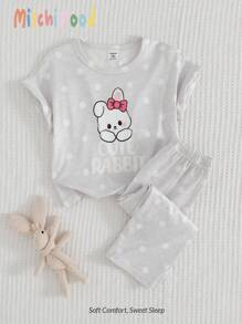 2件套女婴可爱兔子和波尔卡圆点印花短袖上衣和宽松裤子休闲睡衣套装 - 彩色 - 查看 5