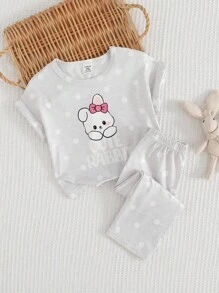 2件套女婴可爱兔子和波尔卡圆点印花短袖上衣和宽松裤子休闲睡衣套装 - 彩色 - 查看 8