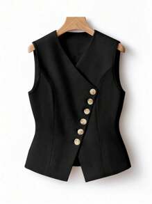 Franclia 女士V领纽扣优雅时尚薄款西装外套 - 黑色 - 查看 4