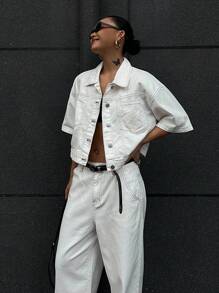 DAZY 2pcs Set Women's Cargo Denim Outfit, Short Sleeve Jacket & Wide Leg Pants, Stylish - White - View 1