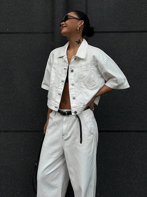 DAZY 2pcs Set Women's Cargo Denim Outfit, Short Sleeve Jacket & Wide Leg Pants, Stylish