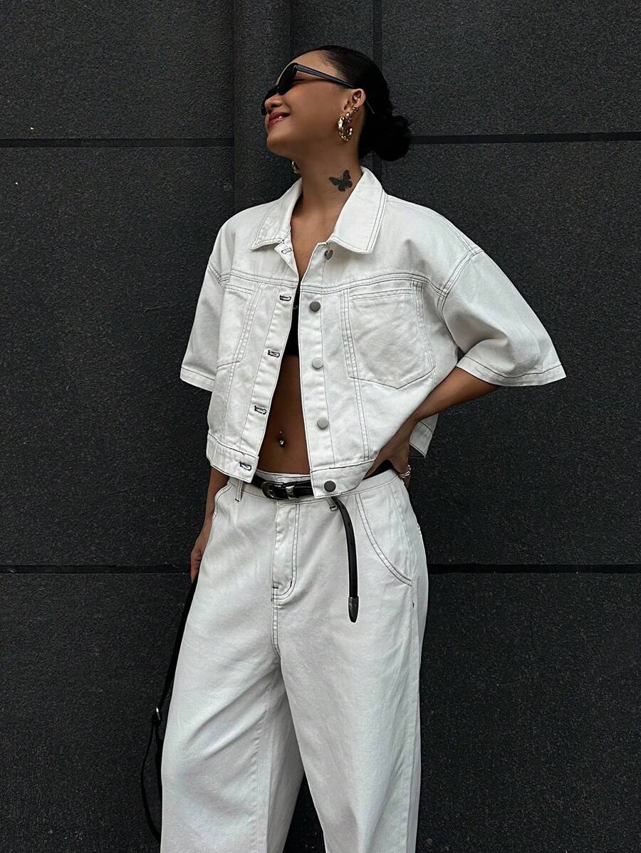 DAZY 2pcs Set Women's Cargo Denim Outfit, Short Sleeve Jacket & Wide Leg Pants, Stylish - White - View 1