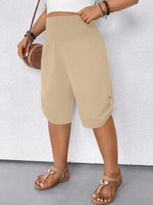 SHEIN CURVE+ Plus Size Women Casual Pants, Textured Fabric - Khaki - View 5
