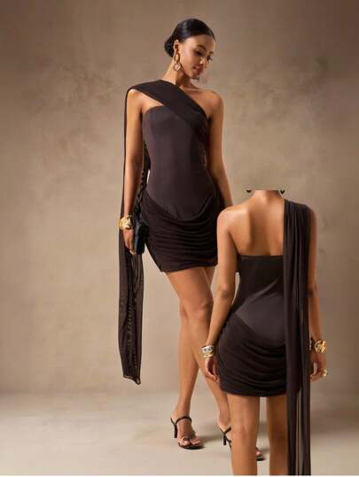 Zivah 2025 Spring/Summer New Music Festival, Easter, St. Patrick's Day, Western, Nomadic, Birthday Party, Graduation Season, Campus Style, Student Wear, Daily Outings, All-Match Versatile, Casual, Vacation, Cruise Travel, Beach, Sunbathing, Viral Fashionable, Streetwear, Wedding Guest Boho, Commute, Brunch, Airport, Bustier Ruched Asymmetric Tiered Mesh Flowy Short Brown Dress - B