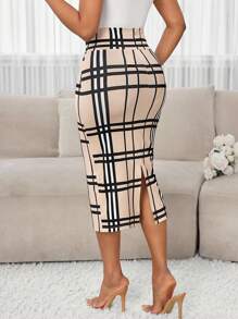 SHEIN Lady Elegant Work Office Colorful Plaid Knitted Split Midi Skirts Business Casual Woman Plaid Skirt Women Plaid Pencil Skirt Pencil Skirt For Women Bodycon Skirt High Waisted Plaid Skirt