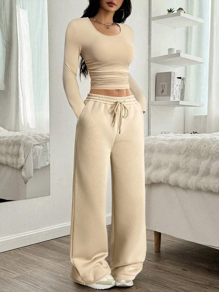 SHEIN EZwear Apricot Women Casual Pleated Crop Top & Wide-Leg Drawstring Waist Pants Set,Fall