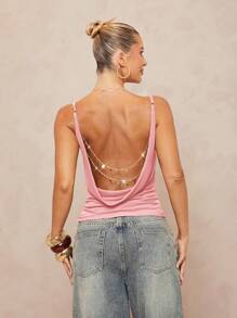 Lumalex Áo nữ cổ bẻ, dây lưng mảnh và trang trí xích kim loại cùng eo - Hồng - Xem 8