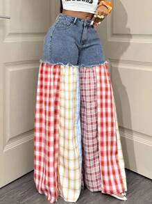 大码女式拼布格子阔腿牛仔裤 - 藍色 - 查看 1