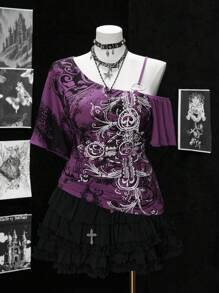 Sunspun Áo thun tay ngắn cổ bẻ thanh lịch rộng rãi thoải mái cỡ lớn - Màu tím - Xem 1