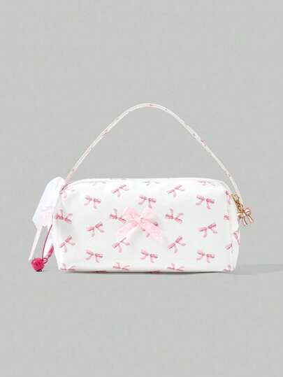 Kawaii Fashion Pearl Bow Cosmetic Organizer Bag, Zipper Pouch With Pearl Chain