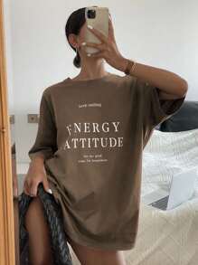Livesso Women Loose Fit Short Sleeve T-Shirt With Letter Print And Round Neck For Summer Keep Smiling ENERGY ATTITUDE See The Good Time For Happiness Oversized T-Shirt