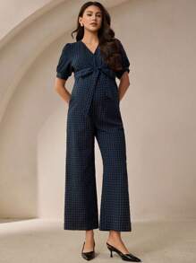 MaterniWear 孕妇格子V领泡泡袖格子哺乳功能宽松连体衣