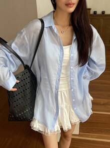 DAZY Women Striped Drop Shoulder Long Sleeve Single-Breasted Casual Regular Jacket Women Coats - Blue - View 4