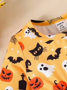 SHEIN Playful Pals OBaby Girl 系列黄色万圣节幽灵和南瓜蝙蝠印花可爱休闲舒适长袖节日连衣裙，适合万圣节派对 - 彩色 - 查看 4