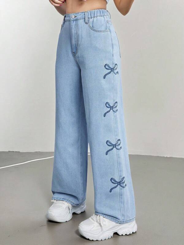 SHEIN Teen Girl Casual Denim Jeans With Cute Butterfly Embroidery, Comfy Versatile Straight-Leg Wash Jeans,Holiday,Summer,Travel