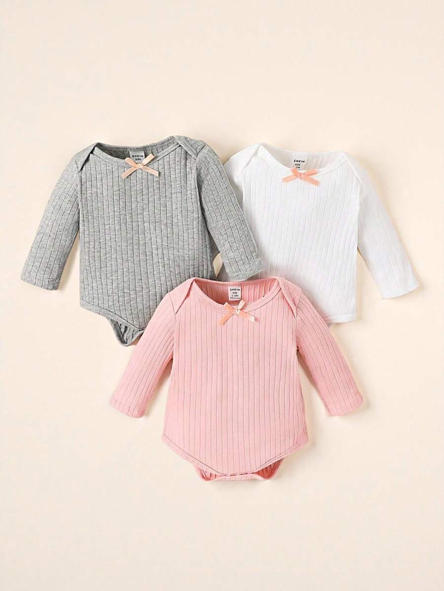 SHEIN 女嬰3入組條紋針織前蝴蝶結連身背心 - 彩色 - 查看 1