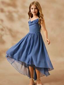 SHEIN 适合婚礼的花童优雅舞会礼服，适合青少年女孩的浅蓝色雪纺细肩带中长连衣裙，时尚蓬松公主裙 - 淺藍色 - 查看 4