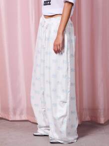 COUREZ Teddy Lovers Baggy Balloon Trousers With Frill Waist /Y2K Summer Going Out Streetwear Summer Cute Vintage - White - View 4
