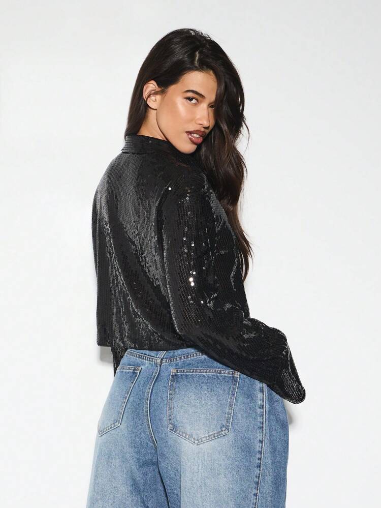 KIZN Sequin Long Sleeve Crop Top Collared Blouse