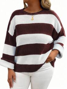 EMERY ROSE Plus Size Color Block Striped Knit Sweater, Casual For Autumn/Winter Knit Pullover Fall - Burgundy - View 4