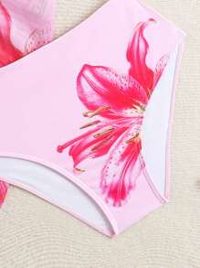 SHEIN 可爱女童碎花三角上衣和荷叶边短裙泳衣套装（什锦印花） - 粉色 - 查看 4