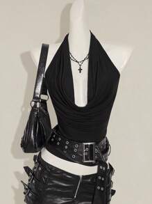 SHEIN ICON Women's Plunge Neck Sleeveless Y2K Sexy Top, Fashionable Solid Color Fall Women Clothes - Black - View 2